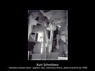 Kurt Schwitters
« Merzbau (maison-merz : papiers, bois, matériaux divers, photo d’archive de 1930)
 