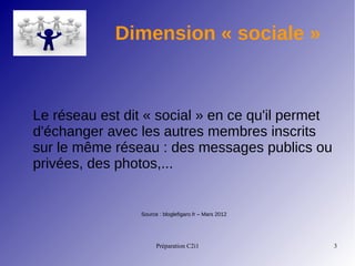 Préparation C2i1 3
Dimension « sociale »
Le réseau est dit « social » en ce qu'il permet
d'échanger avec les autres membres inscrits
sur le même réseau : des messages publics ou
privées, des photos,...
Source : bloglefigaro.fr – Mars 2012
 