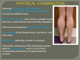 Generally, neck flexors, wrist extensors,
quadriceps, tibialis anterior, biceps, and triceps
muscles are affected more.
Deep tendon reflexes, which tend to parallel muscle
fiber loss, slowly diminish and ultimately disappear
Calf muscle enlargement (pseudo hypertrophy)
contractures of the iliotibial bands, hip flexors, and
heel cords
Equinovarus deformity of ankle is universal
Asymmetric weakening of the paraspinal muscles
leads to kyphoscoliosis, which in turn further
compromises pulmonary and gastrointestinal
function.

 