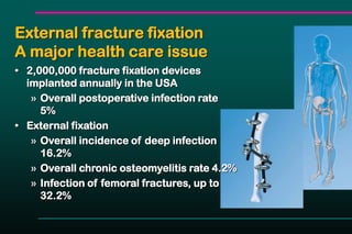 • 2,000,000 fracture fixation devices
implanted annually in the USA
» Overall postoperative infection rate
5%
• External fixation
» Overall incidence of deep infection
16.2%
» Overall chronic osteomyelitis rate 4.2%
» Infection of femoral fractures, up to
32.2%
External fracture fixation
A major health care issue
 