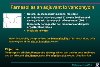Farnesol as an adjuvant to vancomycin
• Natural quorum-sensing alcohol molecule
• Antimicrobial activity against S. aureus biofilms and
synergistic with vancomycin (Gomes et al. (2011))
• It probably damages the cell membrane and impairs
ergosterol synthesis
• Insoluble in water
Water insolubility compromises the bio-availability of farnesol along with
vancomycin at the site of infection in vivo
Objective:
To design an efficient therapeutic strategy which can deliver both antibiotic
and an adjuvant simultaneously at the infection site in controlled fashion
Bhattacharyya et al., (2014)
 