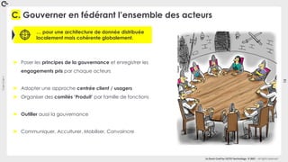Coin
Coin
!
13
La Duck Conf by OCTO Technology © 2021 - All rights reserved
C. Gouverner en fédérant l’ensemble des acteurs
► Poser les principes de la gouvernance et enregistrer les
engagements pris par chaque acteurs
► Adopter une approche centrée client / usagers
► Organiser des comités ‘Produit’ par famille de fonctions
► Outiller aussi la gouvernance
► Communiquer, Acculturer, Mobiliser, Convaincre
… pour une architecture de donnée distribuée
localement mais cohérente globalement.
 
