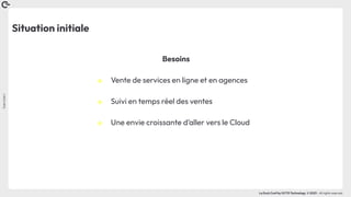 Coin
Coin
!
La Duck Conf by OCTO Technology © 2023 - All rights reserved
Situation initiale
Besoins
๏ Vente de services en ligne et en agences
๏ Suivi en temps réel des ventes
๏ Une envie croissante d’aller vers le Cloud
 