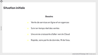 Coin
Coin
!
La Duck Conf by OCTO Technology © 2023 - All rights reserved
Situation initiale
Besoins
๏ Vente de services en ligne et en agences
๏ Suivi en temps réel des ventes
๏ Une envie croissante d’aller vers le Cloud
๏ Rapide, sans perte de donnée, ﬁl de l’eau
 