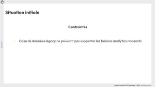 Coin
Coin
!
La Duck Conf by OCTO Technology © 2023 - All rights reserved
Situation initiale
Contraintes
๏ Base de données legacy ne pouvant pas supporter les besoins analytics naissants
 