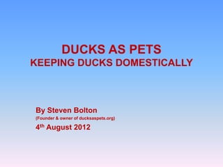 DUCKS AS PETS
KEEPING DUCKS DOMESTICALLY



By Steven Bolton
(Founder & owner of ducksaspets.org)

4th August 2012
 