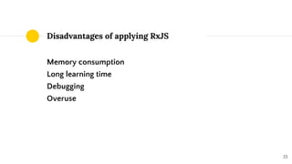 Memory consumption
Long learning time
Debugging
Overuse
Disadvantages of applying RxJS
23
 