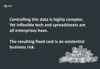 Controlling this data is highly complex.
Yet inflexible tech and spreadsheets are
all enterprises have.
The resulting fixed cost is an existential
business risk.
 