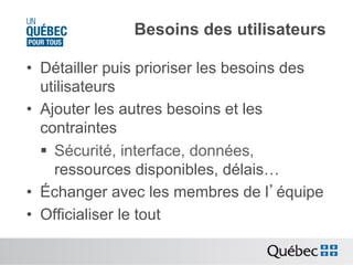 Besoins des utilisateurs
•  Détailler puis prioriser les besoins des
utilisateurs
•  Ajouter les autres besoins et les
contraintes
§  Sécurité, interface, données,
ressources disponibles, délais…
•  Échanger avec les membres de l’équipe
•  Officialiser le tout

 