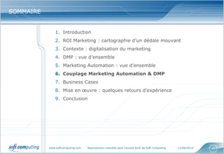 www.softcomputing.com Reproduction interdite sans l’accord écrit de Soft Computing 12/06/2014 45
SOMMAIRESOMMAIRE
1. Introduction
2. ROI Marketing : cartographie d’un dédale mouvant
3. Contexte : digitalisation du marketing
4. DMP : vue d’ensemble
5. Marketing Automation : vue d’ensemble
6. Couplage Marketing Automation & DMP
7. Business Cases
8. Mise en œuvre : quelques retours d’expérience
9. Conclusion
 
