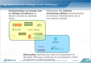 www.softcomputing.com Reproduction interdite sans l’accord écrit de Soft Computing 12/06/2014 48
Les promesses du couplage vu de l’annonceur
Déclencher des actions
marketing ciblées personnalisées
en fonction d’événements liés à
une session digitale
Personnaliser en temps réel
le ciblage d’audience en
tenant compte de données
client
Réconcilier données de visite et d’exposition et
données CRM pour améliorer la connaissance client
et optimiser le ROI marketing
 
