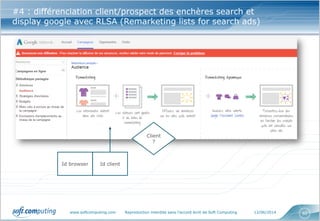 www.softcomputing.com Reproduction interdite sans l’accord écrit de Soft Computing 12/06/2014 60
#4 : différenciation client/prospect des enchères search et
display google avec RLSA (Remarketing lists for search ads)
Id browser Id client
Client
?
 