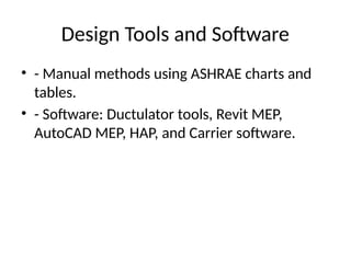 Design Tools and Software
• - Manual methods using ASHRAE charts and
tables.
• - Software: Ductulator tools, Revit MEP,
AutoCAD MEP, HAP, and Carrier software.
 