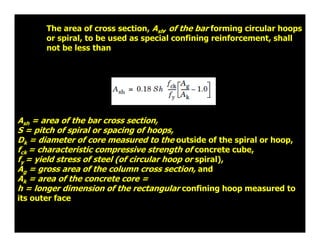 Ash = area of the bar cross section,
S = pitch of spiral or spacing of hoops,
Dk = diameter of core measured to the outsid...