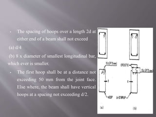 ▪ The spacing of hoops over a length 2d at
either end of a beam shall not exceed
(a) d/4
(b) 8 x diameter of smallest longitudinal bar,
which ever is smaller.
▪ The first hoop shall be at a distance not
exceeding 50 mm from the joint face.
Else where, the beam shall have vertical
hoops at a spacing not exceeding d/2.
 