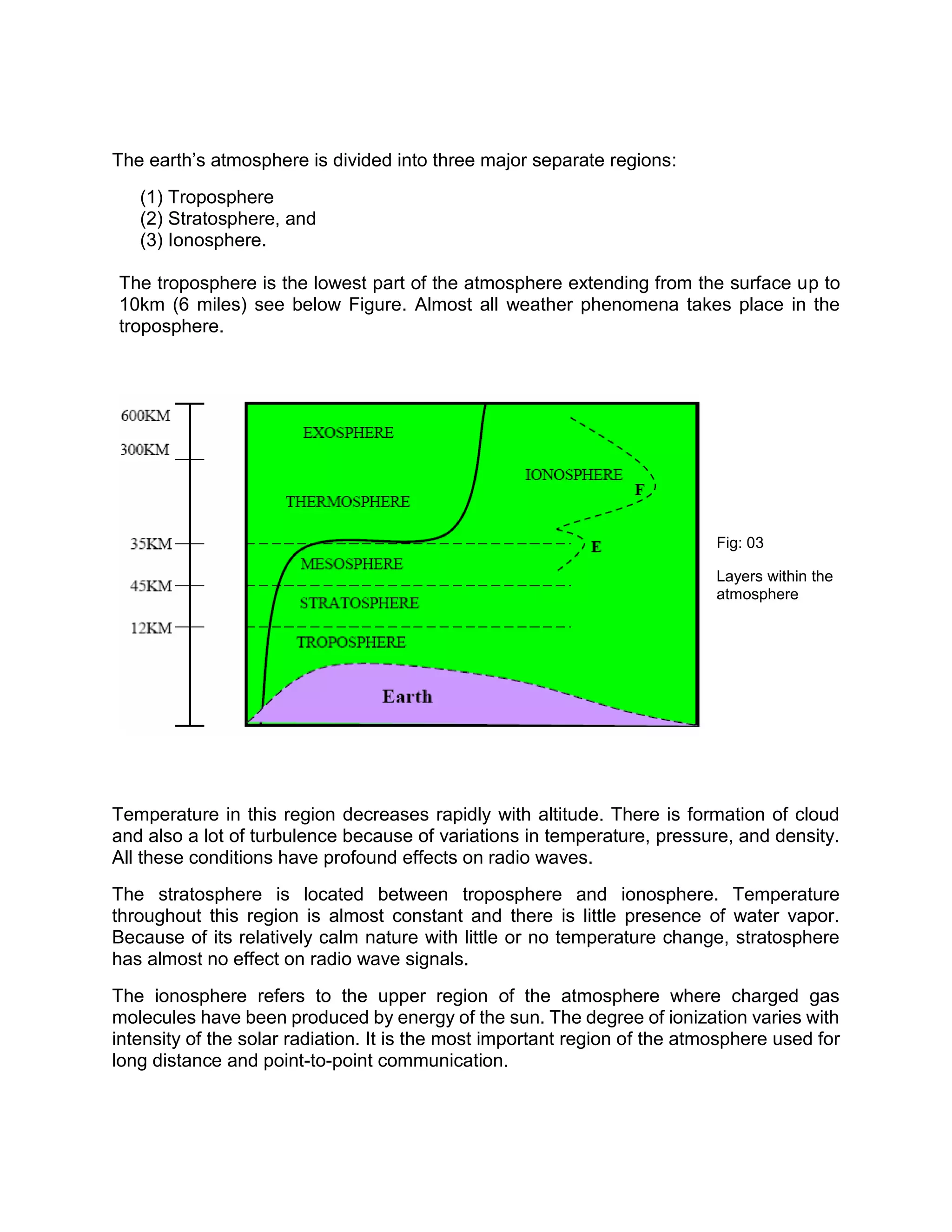 The earth’s atmosphere is divided into three major separate regions:
(1) Troposphere
(2) Stratosphere, and
(3) Ionosphere.
The troposphere is the lowest part of the atmosphere extending from the surface up to
10km (6 miles) see below Figure. Almost all weather phenomena takes place in the
troposphere.
Fig: 03
Layers within the
atmosphere
Temperature in this region decreases rapidly with altitude. There is formation of cloud
and also a lot of turbulence because of variations in temperature, pressure, and density.
All these conditions have profound effects on radio waves.
The stratosphere is located between troposphere and ionosphere. Temperature
throughout this region is almost constant and there is little presence of water vapor.
Because of its relatively calm nature with little or no temperature change, stratosphere
has almost no effect on radio wave signals.
The ionosphere refers to the upper region of the atmosphere where charged gas
molecules have been produced by energy of the sun. The degree of ionization varies with
intensity of the solar radiation. It is the most important region of the atmosphere used for
long distance and point-to-point communication.
 
