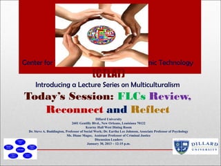 Center for Teaching Learning and Academic Technology
                                             (CTLAT)
      Introducing a Lecture Series on Multiculturalism
Today’s Session: FLCs Review,
   Reconnect and Reflect
                                                Dillard University
                               2601 Gentilly Blvd., New Orleans, Louisiana 70122
                                         Kearny Hall West Dining Room
  Dr. Steve A. Buddington, Professor of Social Work; Dr. Eartha Lee Johnson, Associate Professor of Psychology
                            Ms. Diane Magee, Assistant Professor of Criminal Justice

                                                                                                                 1
                                               Discussion Leaders
                                          January 30, 2013 ~ 12:15 p.m.
 