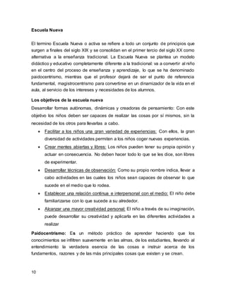 Escuela Nueva 
El termino Escuela Nueva o activa se refiere a todo un conjunto de principios que 
surgen a finales del siglo XIX y se consolidan en el primer tercio del siglo XX como 
alternativa a la enseñanza tradicional. La Escuela Nueva se plantea un modelo 
didáctico y educativo completamente diferente a la tradicional: va a convertir al niño 
en el centro del proceso de enseñanza y aprendizaje, lo que se ha denominado 
paidocentrismo, mientras que el profesor dejará de ser el punto de referencia 
fundamental, magistrocentrismo para convertirse en un dinamizador de la vida en el 
aula, al servicio de los intereses y necesidades de los alumnos. 
Los objetivos de la escuela nueva 
Desarrollar formas autónomas, dinámicas y creadoras de pensamiento: Con este 
objetivo los niños deben ser capaces de realizar las cosas por sí mismos, sin la 
necesidad de los otros para llevarlas a cabo. 
10 
 Facilitar a los niños una gran variedad de experiencias: Con ellos, la gran 
diversidad de actividades permiten a los niños coger nuevas experiencias. 
 Crear mentes abiertas y libres: Los niños pueden tener su propia opinión y 
actuar en consecuencia. No deben hacer todo lo que se les dice, son libres 
de experimentar. 
 Desarrollar técnicas de observación: Como su propio nombre indica, llevar a 
cabo actividades en las cuales los niños sean capaces de observar lo que 
sucede en el medio que lo rodea. 
 Establecer una relación continua e interpersonal con el medio: El niño debe 
familiarizarse con lo que sucede a su alrededor. 
 Alcanzar una mayor creatividad personal: El niño a través de su imaginación, 
puede desarrollar su creatividad y aplicarla en las diferentes actividades a 
realizar 
Paidocentrismo: Es un método práctico de aprender haciendo que los 
conocimientos se infiltren suavemente en las almas, de los estudiantes, llevando al 
entendimiento la verdadera esencia de las cosas e instruir acerca de los 
fundamentos, razones y de las más principales cosas que existen y se crean. 
 