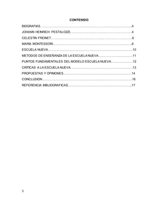 3 
CONTENIDO 
BIOGRAFIAS……………………………………………………………………………..4 
JOHANN HEINRICH PESTALOZZI……………………………………………………4 
CELESTIN FREINET…………………………………………………………………….6 
MARIA MONTESSORI…………………………………………………………………..8 
ESCUELA NUEVA……………………………………………………………………….10 
METODOS DE ENSEÑANZA DE LA ESCUELA NUEVA……………………………11 
PUNTOS FUNDAMENTALES DEL MODELO ESCUELA NUEVA…………………12 
CRITICAS A LA ESCUELA NUEVA……………………………………………………13 
PROPUESTAS Y OPINIONES…………………………………………………………14 
CONCLUSION……………………………………………………………………………16 
REFERENCIA BIBLIOGRAFICAS……………………………………………………..17 
 