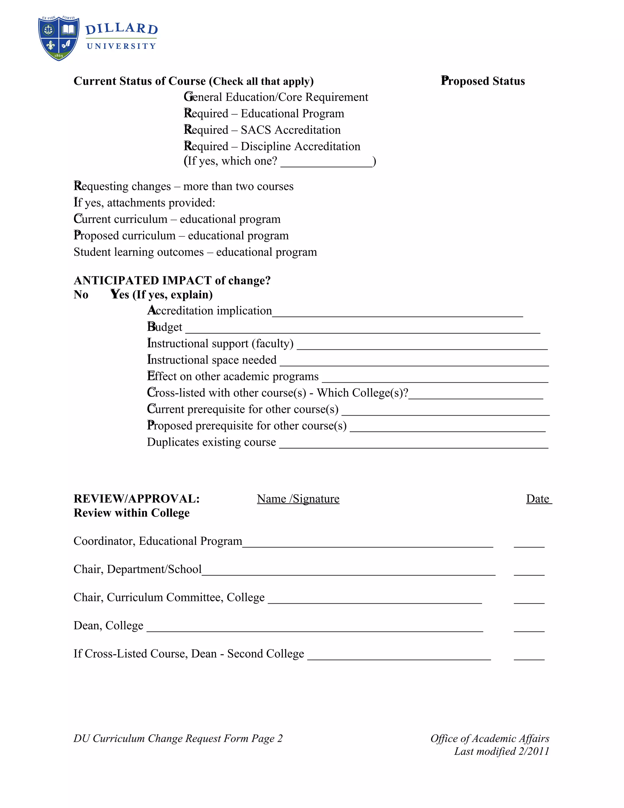 DU Curriculum Change Request Form Revised 12 11 | DOC