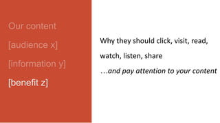 Our content
[audience x]
[information y]
[benefit z]
Why they should click, visit, read,
watch, listen, share
…and pay attention to your content
 