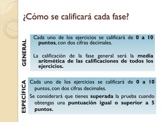 ESPECÍFICA

GENERAL

¿Cómo se calificará cada fase?
Cada uno de los ejercicios se calificará de 0 a 10
puntos, con dos cifras decimales.
La calificación de la fase general será la media
aritmética de las calificaciones de todos los
ejercicios.
Cada uno de los ejercicios se calificará de 0 a 10
puntos, con dos cifras decimales.
Se considerará que tienes superada la prueba cuando
obtengas una puntuación igual o superior a 5
puntos.

 
