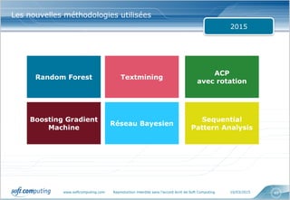 www.softcomputing.com Reproduction interdite sans l’accord écrit de Soft Computing 10/03/2015 40
Les nouvelles méthodologies utilisées
2015
Random Forest
Boosting Gradient
Machine
Textmining
Réseau Bayesien
ACP
avec rotation
Sequential
Pattern Analysis
 