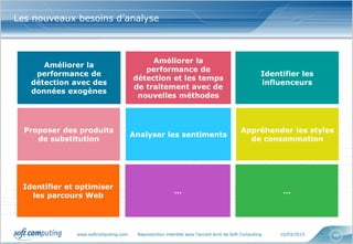 www.softcomputing.com Reproduction interdite sans l’accord écrit de Soft Computing 10/03/2015 46
Les nouveaux besoins d’analyse
Améliorer la
performance de
détection avec des
données exogènes
Proposer des produits
de substitution
Améliorer la
performance de
détection et les temps
de traitement avec de
nouvelles méthodes
Analyser les sentiments
Identifier les
influenceurs
Appréhender les styles
de consommation
Identifier et optimiser
les parcours Web
… …
 