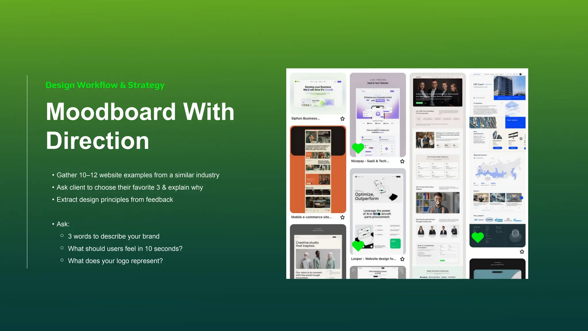 Moodboard With
Direction
• Gather 10–12 website examples from a similar industry
• Ask client to choose their favorite 3 & explain why
• Extract design principles from feedback
• Ask:
⚬ 3 words to describe your brand
⚬ What should users feel in 10 seconds?
⚬ What does your logo represent?
Design Workﬂow & Strategy
 