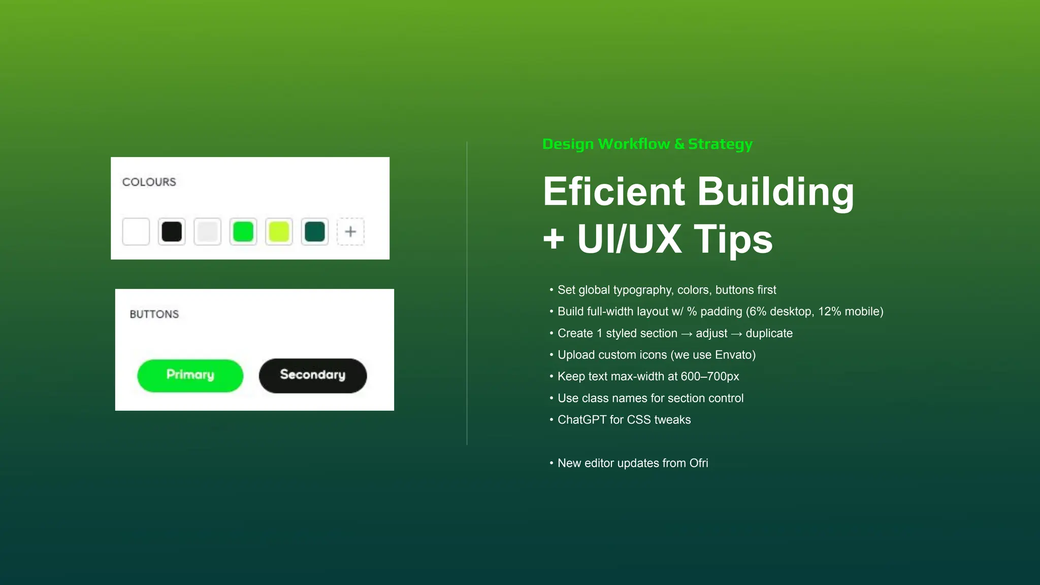 Eficient Building
+ UI/UX Tips
• Set global typography, colors, buttons first
• Build full-width layout w/ % padding (6% desktop, 12% mobile)
• Create 1 styled section → adjust → duplicate
• Upload custom icons (we use Envato)
• Keep text max-width at 600–700px
• Use class names for section control
• ChatGPT for CSS tweaks
• New editor updates from Ofri
Design Workﬂow & Strategy
 