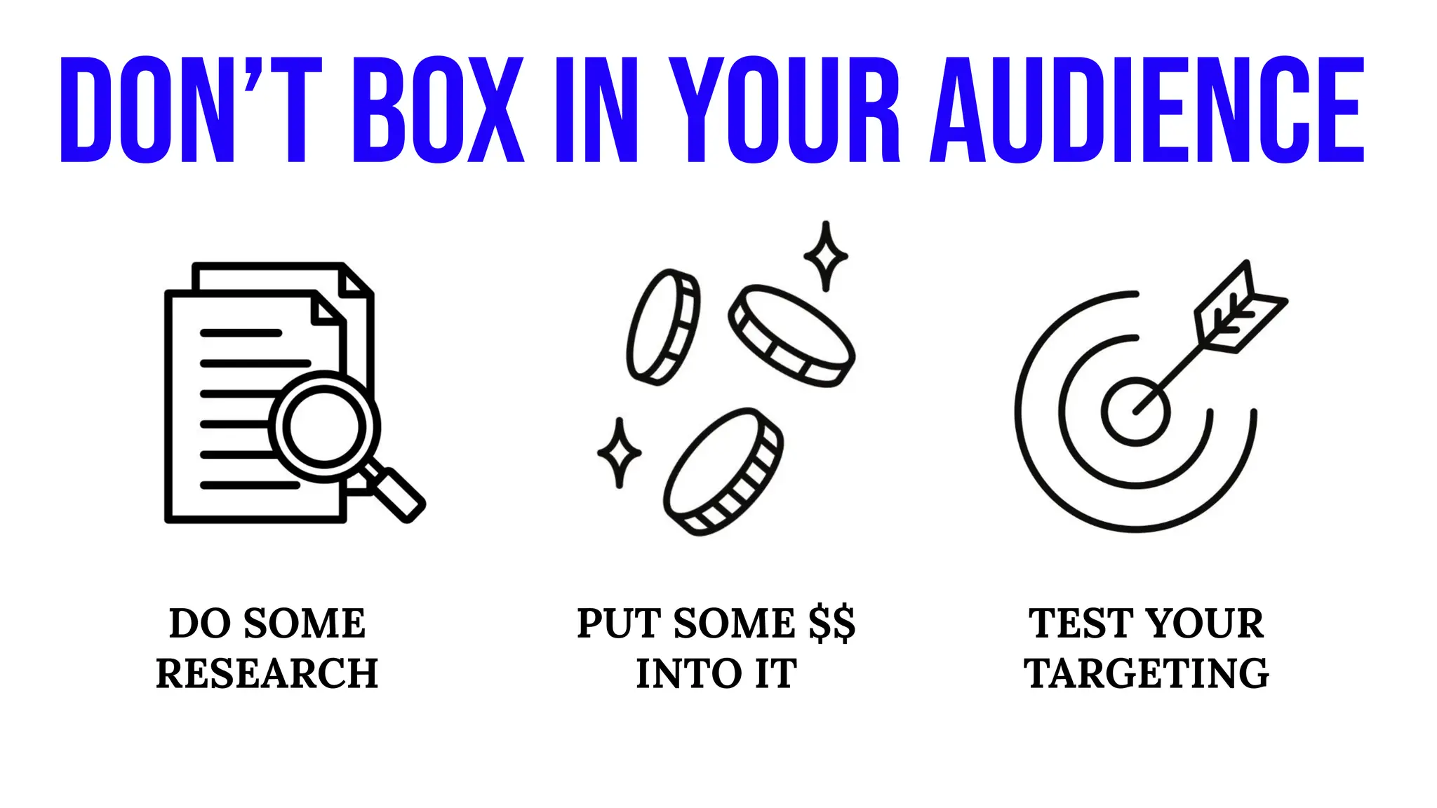 Don’t box in your AUDIENCE
DO SOME
RESEARCH
PUT SOME $$
INTO IT
TEST YOUR
TARGETING
 
