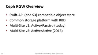 Ceph	
  RGW	
  Overview	
  
▪  Swih-­‐API	
  (and	
  S3)	
  compa8ble	
  object	
  store	
  
▪  Common	
  storage	
  plajorm	
  with	
  RBD	
  
▪  Mul8-­‐Site	
  v1:	
  Ac8ve/Passive	
  (today)	
  
▪  Mul8-­‐Site	
  v2:	
  Ac8ve/Ac8ve	
  (2016)	
  
	
  
13	
   OpenStack	
  Summit	
  May	
  2015	
  -­‐	
  Vancouver	
  	
  
 