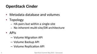 OpenStack	
  Cinder	
  
▪  Metadata	
  database	
  and	
  volumes	
  
▪  Topology	
  
–  HA	
  pairs	
  but	
  within	
  a	
  single-­‐site	
  
–  No	
  inherent	
  mul8-­‐site/DR	
  architecture	
  
▪  APIs	
  
–  Volume	
  Migra8on	
  API	
  	
  
–  Volume	
  Backup	
  API	
  
–  Volume	
  Replica8on	
  API	
  
8	
   OpenStack	
  Summit	
  May	
  2015	
  -­‐	
  Vancouver	
  	
  
 