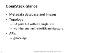 OpenStack	
  Glance	
  
▪  Metadata	
  database	
  and	
  images	
  
▪  Topology	
  
–  HA	
  pairs	
  but	
  within	
  a	
  single-­‐site	
  
–  No	
  inherent	
  mul8-­‐site/DR	
  architecture	
  
▪  APIs	
  
–  glance-­‐api	
  
9	
   OpenStack	
  Summit	
  May	
  2015	
  -­‐	
  Vancouver	
  	
  
 