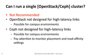 Can	
  I	
  run	
  a	
  single	
  [OpenStack/Ceph]	
  cluster?	
  
▪  Not	
  Recommended	
  
▪  OpenStack	
  not	
  design...
