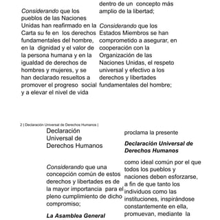 Considerando que los
pueblos de las Naciones
Unidas han reafirmado en la
Carta su fe en los derechos
fundamentales del hombre,
en la dignidad y el valor de
la persona humana y en la
igualdad de derechos de
hombres y mujeres, y se
han declarado resueltos a
promover el progreso social
y a elevar el nivel de vida
dentro de un concepto más
amplio de la libertad;
Considerando que los
Estados Miembros se han
comprometido a asegurar, en
cooperación con la
Organización de las
Naciones Unidas, el respeto
universal y efectivo a los
derechos y libertades
fundamentales del hombre;
2 | Declaración Universal de Derechos Humanos |
Declaración
Universal de
Derechos Humanos
Considerando que una
concepción común de estos
derechos y libertades es de
la mayor importancia para el
pleno cumplimiento de dicho
compromiso;
La Asamblea General
proclama la presente
Declaración Universal de
Derechos Humanos
como ideal común por el que
todos los pueblos y
naciones deben esforzarse,
a fin de que tanto los
individuos como las
instituciones, inspirándose
constantemente en ella,
promuevan, mediante la
 