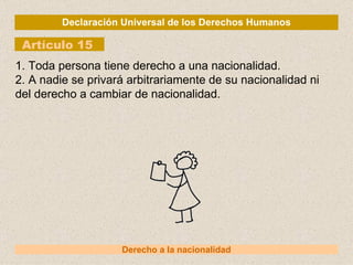 Declaración Universal de los Derechos Humanos Artículo 15 Derecho a la nacionalidad 1. Toda persona tiene derecho a una nacionalidad. 2. A nadie se privará arbitrariamente de su nacionalidad ni del derecho a cambiar de nacionalidad. 