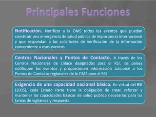 Notificación. Notificar a la OMS todos los eventos que puedan
constituir una emergencia de salud pública de importancia internacional
y que respondan a las solicitudes de verificación de la información
concerniente a esos eventos

Centros Nacionales y Puntos de Contacto. A través de los
Centros Nacionales de Enlace designados para el RSI, los países
notifiquen los eventos y proporcionen información adicional a los
Puntos de Contacto regionales de la OMS para el RSI

Exigencia de una capacidad nacional básica. En virtud del RSI
(2005), cada Estado Parte tiene la obligación de crear, reforzar y
mantener las capacidades básicas de salud pública necesarias para las
tareas de vigilancia y respuesta
 