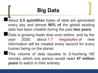 Big Data
About 2.5 quintillion bytes of data are generated
every day and almost 90% of the global existing
data has been created during the past two years.
Data is growing faster than ever before and by the
year 2020, about 1.7 megabytes of new
information will be created every second for every
human being on the planet.
This volume of data equates to 2-hourlong HD
movies, which one person would need 47 million
years to watch in their entirety.
 