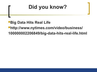 Did you know?
Big Data Hits Real Life
http://www.nytimes.com/video/business/
100000002206849/big-data-hits-real-life.html
 
