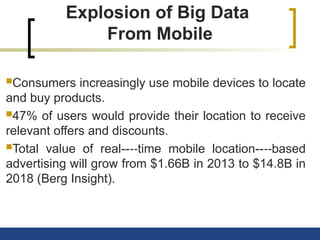 Explosion of Big Data
From Mobile
Consumers increasingly use mobile devices to locate
and buy products.
47% of users would provide their location to receive
relevant offers and discounts.
Total value of real-- time mobile location-- based
‐‑ ‐‑
advertising will grow from $1.66B in 2013 to $14.8B in
2018 (Berg Insight).
 