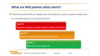 Method by which NHS can rapidly alert the healthcare system to patient safety risks,
or to provide guidance on preventing harm
What are NHS patient safety alerts?
Level 3:
Directive: requires specific action(s) within timeframe
Level 2:
Specific resource and information sharing
Level 1:
Warning of emerging risk
| 7
Update on the Think Kidneys national programme Karen Thomas 24/2/16
 