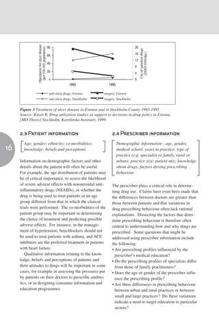 80                                                     20

                      60                                                     16
                                                                             12
                      40
                                                                             8
                      20                                                     4
                       0                                                     0
                                     1993                  1995

                       anti-ulcer drugs, Estonia        surgery, Estonia
                       anti-ulcer drugs, Stockholm      surgery, Stockholm


     Figure 3 Treatment of ulcer disease in Estonia and in Stockholm County 1993-1995.
     Source: Kiivet R. Drug utilization studies as support to decisions in drug policy in Estonia.
     [MD Thesis] Stockholm, Karolinska Institutet, 1999.


     2.3 Patient information                                 2.4 Prescriber information
         Age; gender; ethnicity; co-morbidities;                  Demographic information - age, gender,
16   [   knowledge; beliefs and perceptions            ]          medical school, years in practice; type of
                                                                  practice (e.g. specialist or family, rural or
     Information on demographic factors and other                 urban); practice size; patient mix; knowledge
     details about the patient will often be useful.              about drugs; factors driving prescribing
     For example, the age distribution of patients may            behaviour
     be of critical importance, to assess the likelihood
     of severe adverse effects with nonsteroidal anti-       The prescriber plays a critical role in determi-
     inflammatory drugs (NSAIDs), or whether the             ning drug use. Claims have even been made that
     drug is being used to treat patients in an age          the differences between doctors are greater than
     group different from that in which the clinical         those between patients and that variations in
     trials were performed. The co-morbidities of the        drug prescribing behaviour often lack rational
     patient group may be important in determining           explanations. Dissecting the factors that deter-
     the choice of treatment and predicting possible         mine prescribing behaviour is therefore often
     adverse effects. For instance, in the manage-           central to understanding how and why drugs are
     ment of hypertension, beta-blockers should not          prescribed. Some questions that might be
     be used to treat patients with asthma, and ACE          addressed using prescriber information include
     inhibitors are the preferred treatment in patients      the following:
     with heart failure.                                     • Are prescribing profiles influenced by the
        Qualitative information relating to the know-          prescriber’s medical education?
     ledge, beliefs and perceptions of patients and          • Do the prescribing profiles of specialists differ
     their attitudes to drugs will be important in some        from those of family practitioners?
     cases, for example in assessing the pressures put       • Does the age or gender of the prescriber influ-
     by patients on their doctors to prescribe antibio-        ence the prescribing profile?
     tics, or in designing consumer information and          • Are there differences in prescribing behaviour
     education programmes.                                     between urban and rural practices or between
                                                               small and large practices? Do these variations
                                                               indicate a need to target education to particular
                                                               sectors?
 