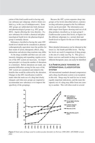 cation of this kind would result in having only                                                Because the ATC system separates drugs into
one substance per subgroup, which is better avo-                                            groups at five levels (described above), statistics
ided (e.g. in the case of antidepressants). Some                                            on drug utilization grouped at the five different
ATC groups are subdivided into both chemical                                                levels can be provided. The information avai-
and pharmacological groups (e.g. ATC group                                                  lable ranges from figures showing total use of all
J05A - Agents affecting the virus directly). If a                                           drug products classified e.g. in main group C -
new substance fits in both a chemical and phar-                                             Cardiovascular system (first level), to figures for
macological fourth level, the pharmacological                                               the different subgroups (i.e. second, third and
group is normally chosen.                                                                   fourth level) to figures for the use of the separate
   Substances classified as having the same ATC                                             substances.
fourth level should not be considered as pharma-
cotherapeutically equivalent since the profiles for                                         More detailed information can be obtained at the
their mode of action, therapeutic effects, drug                                             lower (i.e. the fourth and fifth) levels. The hig-
interactions and adverse drug reactions may differ.                                         her levels are used if comparison of drug groups
   As the drugs available and their uses are cont-                                          is the aim of a study (see Fig. 5). This gives a
inuously changing and expanding, regular revisi-                                            better overview and trends in drug use related to
ons of the ATC system are necessary. An impor-                                              different therapeutic areas can easily be identified.
tant principle is to keep the number of alterations
to a minimum. Before alterations are made, any                                              5.3 Ambivalence towards an                              35
potential difficulties arising for the users of the                                         international classification
ATC system are considered and related to the                                                system
benefits that would be achieved by the alteration.                                          All international standards demand compromises
Changes to the ATC classification would be                                                  and a drug classification system is no exception
made when the main use of a drug had clearly                                                to this rule. Drugs may be used for two or more
changed, and when new groups are required to                                                equally important indications, and the main the-
accommodate new substances or to improve the                                                rapeutic use of a drug may differ from one coun-
specificity of the groupings.                                                               try to another. This will often result in several

                               80


                               70
                                                                                                                         ACE-inbitors +
                                                                                                                         angiotensin II-
                               60                                                                                        antagonists (C09)
                                                                                                                         Serum lipid reducing
                                                                                                                         agents (C10)
                               50
          DDD/1000 inhab.day




                                                                                                                         Calsium channel
                                                                                                                         blockers (C08)
                               40
                                                                                                                         Diuretics (C03)

                               30
                                                                                                                         Beta blocking agents
                                                                                                                         (C07)
                               20


                               10


                                0
                                    1990

                                           1991

                                                  1992

                                                         1993
                                                                1994

                                                                       1995

                                                                              1996

                                                                                     1997

                                                                                             1998

                                                                                                    1999



                                                                                                                  2001
                                                                                                           2000




Figure 5 Total sales of drugs used in cardiovascular disorders in Norway 1990-2001. ATC/DDD version
2002
 