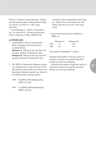 Baksaas I. Patterns in drug utilization - national       Comment on the comparability of these figu-
and international aspects: antihypertensive drugs.       res. Discuss how to best present the sales
Acta Medica Scandinavica, 1984, suppl.                   figures from these two years in the same
683:59-66.                                               article.
   Lee D, Bergman U. Studies of drug utiliza-
tion. In: Strom B ed. Pharmacoepidemiology,
                                                     3. Annual sales figures given in millions of
3rd ed. Chichester, J Wiley, 2000:463-481.
                                                        DDDs are:

6.6 Exercises
                                                            Substance A       Substance B
1. Assign DDDs for the two antibacterials
                                                     1988       1.7              21.6
   below according to the following dose
                                                     1996       9.1               9.9
   recommendations.
   Substance A: 500 mg on first day, then 250
                                                     Total number of inhabitants: 4 million
   mg daily; duration of treatment 14 days.
   Substance B: 500 mg on first day, then 250
                                                     Calculate total number of four-day courses of
   mg daily; duration of treatment five days.
                                                     substance A sold per year and the equivalent
                                                     number of courses per inhabitant.
2. The DDD for budesonide inhalation powder            Calculate total number of eight-day courses of
   was changed from 0.3 mg to 0.8 mg in 1991.        substance B sold per year and the equivalent
                                                                                                        41
   The following sales figures from Norway for       number of courses per inhabitant.
   budesonide inhalation powder are found in
   two different books on drug statistics.

   1990     9.6 DDDs /1000 inhabitants/day
            (DDD = 0.3 mg)

   1994     11.6 DDDs /1000 inhabitants/day
            (DDD = 0.8 mg)
 