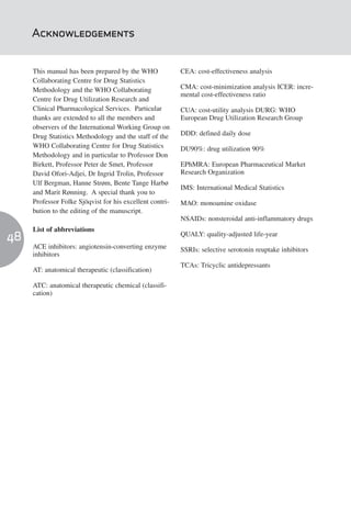 Acknowledgements


     This manual has been prepared by the WHO             CEA: cost-effectiveness analysis
     Collaborating Centre for Drug Statistics
     Methodology and the WHO Collaborating                CMA: cost-minimization analysis ICER: incre-
                                                          mental cost-effectiveness ratio
     Centre for Drug Utilization Research and
     Clinical Pharmacological Services. Particular        CUA: cost-utility analysis DURG: WHO
     thanks are extended to all the members and           European Drug Utilization Research Group
     observers of the International Working Group on
     Drug Statistics Methodology and the staff of the     DDD: defined daily dose
     WHO Collaborating Centre for Drug Statistics         DU90%: drug utilization 90%
     Methodology and in particular to Professor Don
     Birkett, Professor Peter de Smet, Professor          EPhMRA: European Pharmaceutical Market
     David Ofori-Adjei, Dr Ingrid Trolin, Professor       Research Organization
     Ulf Bergman, Hanne Strøm, Bente Tange Harbø
                                                          IMS: International Medical Statistics
     and Marit Rønning. A special thank you to
     Professor Folke Sjöqvist for his excellent contri-   MAO: monoamine oxidase
     bution to the editing of the manuscript.
                                                          NSAIDs: nonsteroidal anti-inflammatory drugs
     List of abbreviations
                                                          QUALY: quality-adjusted life-year
48
     ACE inhibitors: angiotensin-converting enzyme        SSRIs: selective serotonin reuptake inhibitors
     inhibitors
                                                          TCAs: Tricyclic antidepressants
     AT: anatomical therapeutic (classification)

     ATC: anatomical therapeutic chemical (classifi-
     cation)
 