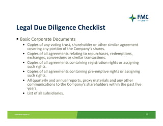 Legal Due Diligence Checklist
 Basic Corporate Documents
  • Copies of any voting trust, shareholder or other similar agreement 
    covering any portion of the Company’s shares.
  • Copies of all agreements relating to repurchases, redemptions, 
    exchanges, conversions or similar transactions.
  • Copies of all agreements containing registration rights or assigning 
    such rights.
  • Copies of all agreements containing pre‐emptive rights or assigning 
    such rights.
  • All quarterly and annual reports, proxy materials and any other 
    communications to the Company’s shareholders within the past five 
    years.
  • List of all subsidiaries.



                                                                            12
 