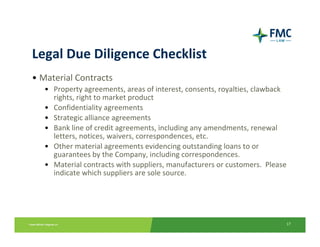 Legal Due Diligence Checklist
• Material Contracts
   • Property agreements, areas of interest, consents, royalties, clawback 
     rights, right to market product
   • Confidentiality agreements
   • Strategic alliance agreements
   • Bank line of credit agreements, including any amendments, renewal 
     letters, notices, waivers, correspondences, etc.
   • Other material agreements evidencing outstanding loans to or 
     guarantees by the Company, including correspondences.
   • Material contracts with suppliers, manufacturers or customers.  Please 
     indicate which suppliers are sole source.




                                                                           17
 