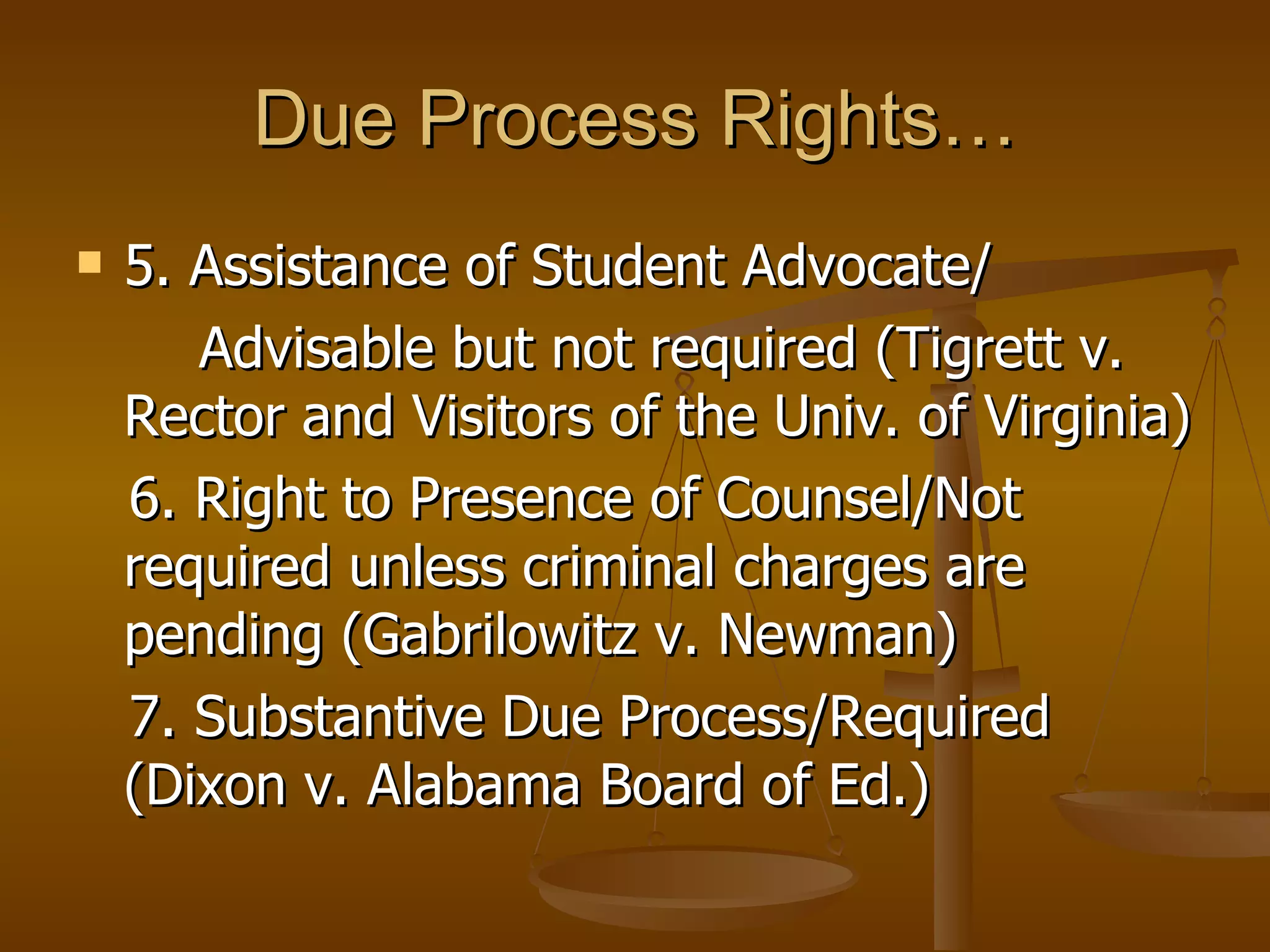 Due Process Rights… 5. Assistance of Student Advocate/ Advisable but not required (Tigrett v. Rector and Visitors of the Univ. of Virginia) 6. Right to Presence of Counsel/Not required unless criminal charges are pending (Gabrilowitz v. Newman) 7. Substantive Due Process/Required (Dixon v. Alabama Board of Ed.) 