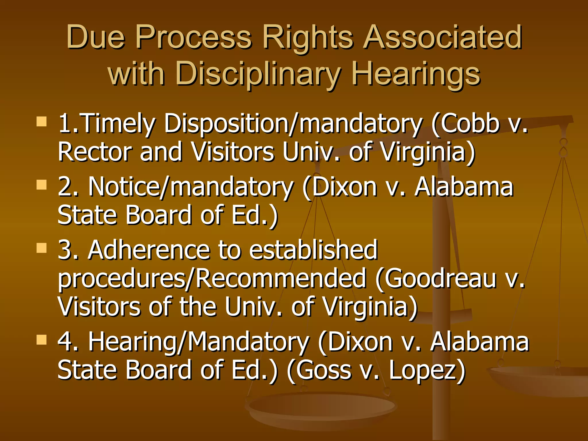 Due Process Rights Associated with Disciplinary Hearings 1.Timely Disposition/mandatory (Cobb v. Rector and Visitors Univ. of Virginia) 2. Notice/mandatory (Dixon v. Alabama State Board of Ed.) 3. Adherence to established procedures/Recommended (Goodreau v. Visitors of the Univ. of Virginia) 4. Hearing/Mandatory (Dixon v. Alabama State Board of Ed.) (Goss v. Lopez) 